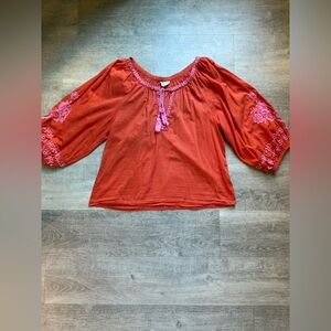 Nicole Miller Artelier Orange Pink Embroidery Tassel Boho Peasant Blouse Size M